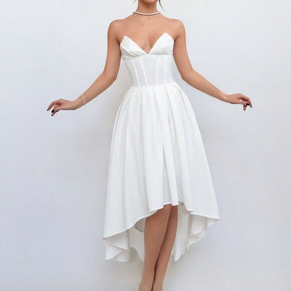 White Elegant Women's Asymmetric Hemline Strap Top Breast Cup Midi Dress - Picture 4 of 5